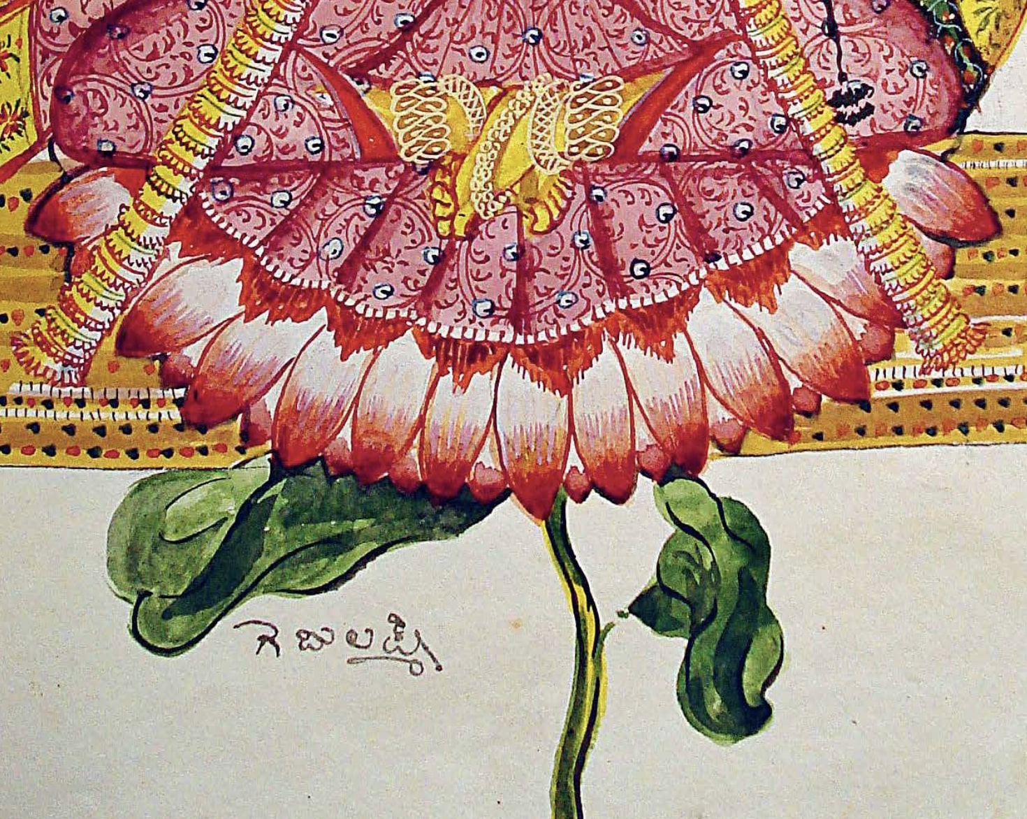 Gadzsalaksmí-részlet Laksmí redőkbe rendezett ruhájával és a tóból felnövő virág alakját megidéző lótusszal